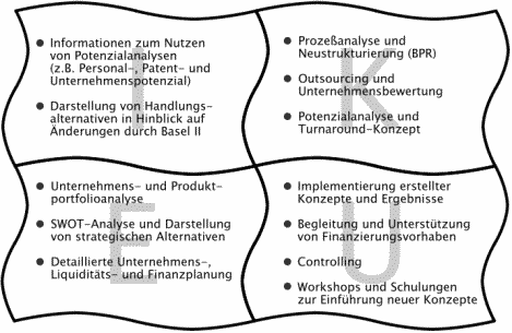 Informationen zum Nutzen
von Potenzialanalysen
(z.B. Personal-, Patent- und
Unternehmenspotenzial)

Darstellung von Handlungs-
alternativen in Hinblick auf
nderungen durch Basel II

Prozeanalyse und
Neustrukturierung (BPR) 

Outsourcing und
Unternehmensbewertung

Potenzialanalyse und
Turnaround-Konzept

Unternehmens- und Produkt-
portfolioanalyse

SWOT-Analyse und Darstellung
von strategischen Alternativen

Detaillierte Unternehmens-,
Liquiditts- und Finanzplanung

Implementierung erstellter
Konzepte und Ergebnisse

Begleitung und Untersttzung
von Finanzierungsvorhaben

Controlling

Workshops und Schulungen
zur Einfhrung neuer Konzepte
